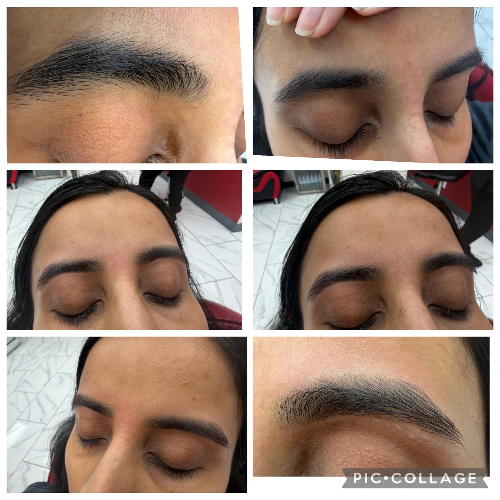 Eyebrow threading before and after collage — six client results with defined shaped brows at Magical Waxing Atlanta