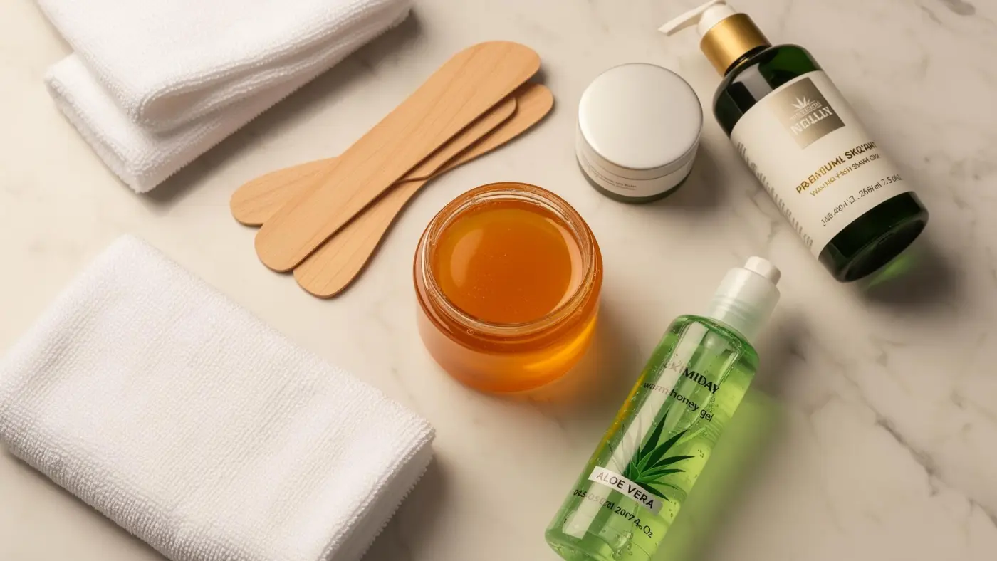 Professional waxing supplies including warm honey wax, wooden spatulas, aloe vera gel, and premium skincare products at Magical Waxing Atlanta