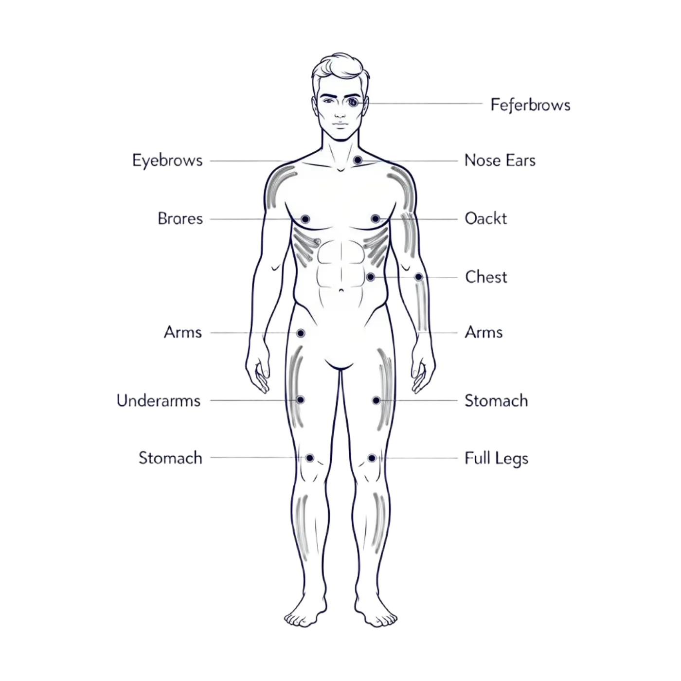 Male body waxing areas diagram showing all available wax zones