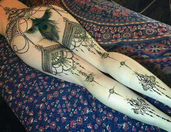 Elegant bridal henna design on arm with peacock feather motifs - Magical Waxing Atlanta