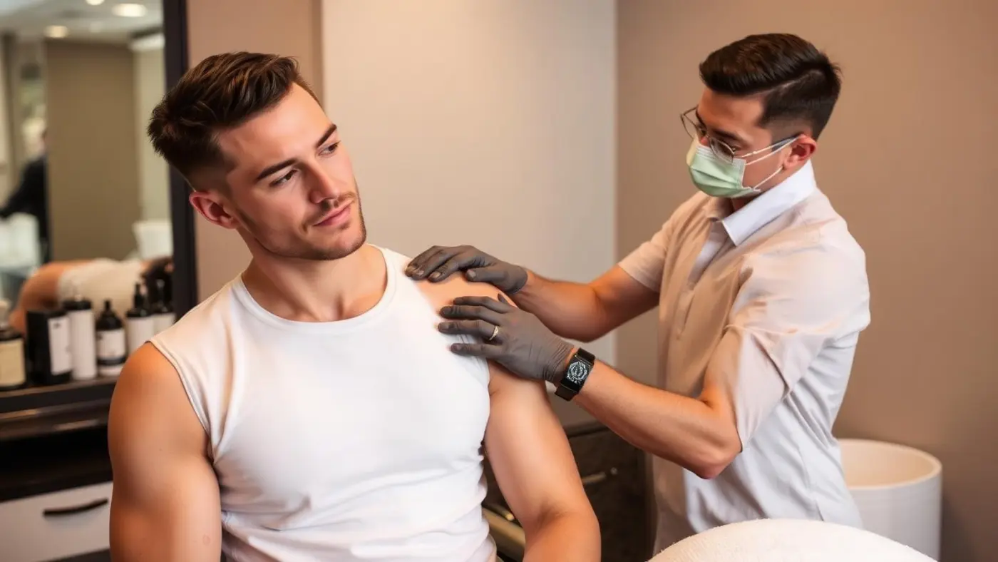 Male client receiving shoulder waxing at a Magical Waxing Atlanta men's grooming room
