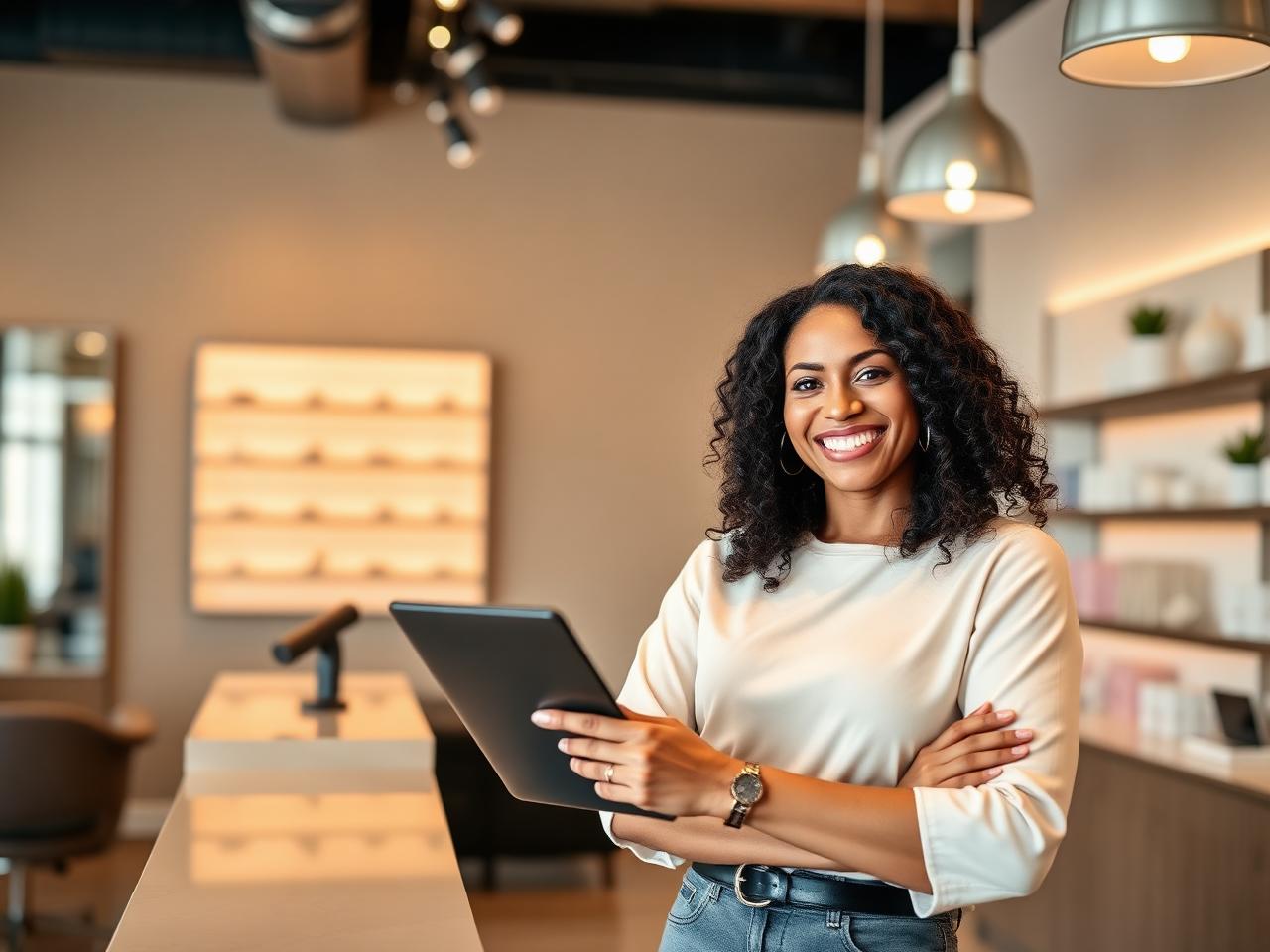 Smiling Magical Waxing franchise owner holding a tablet at the front desk of her studio
