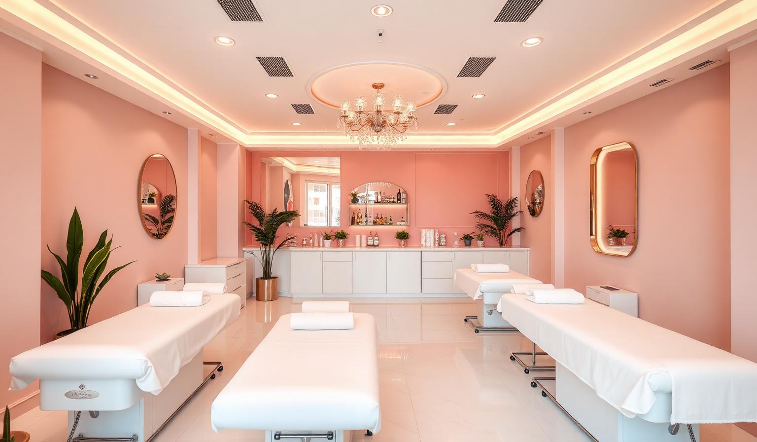 Interior of a Magical Waxing franchise studio with blush pink walls, treatment beds, and gold accents